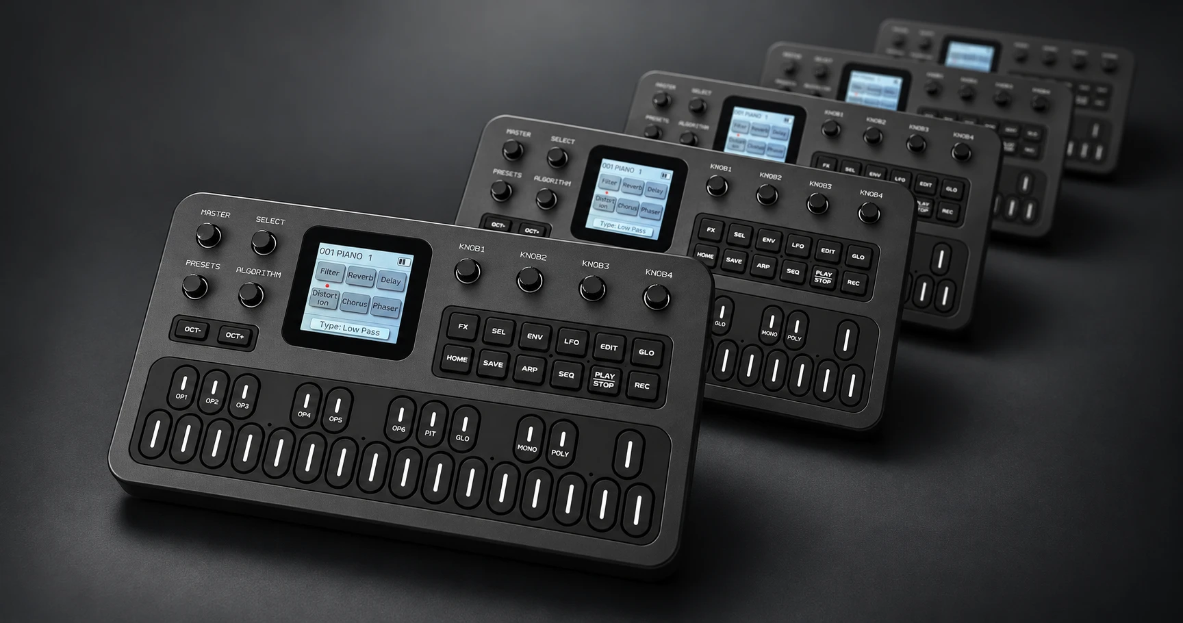 M-VAVE FM-1 pocket synthesizers repeated in a diagonal cascade on a charcoal background